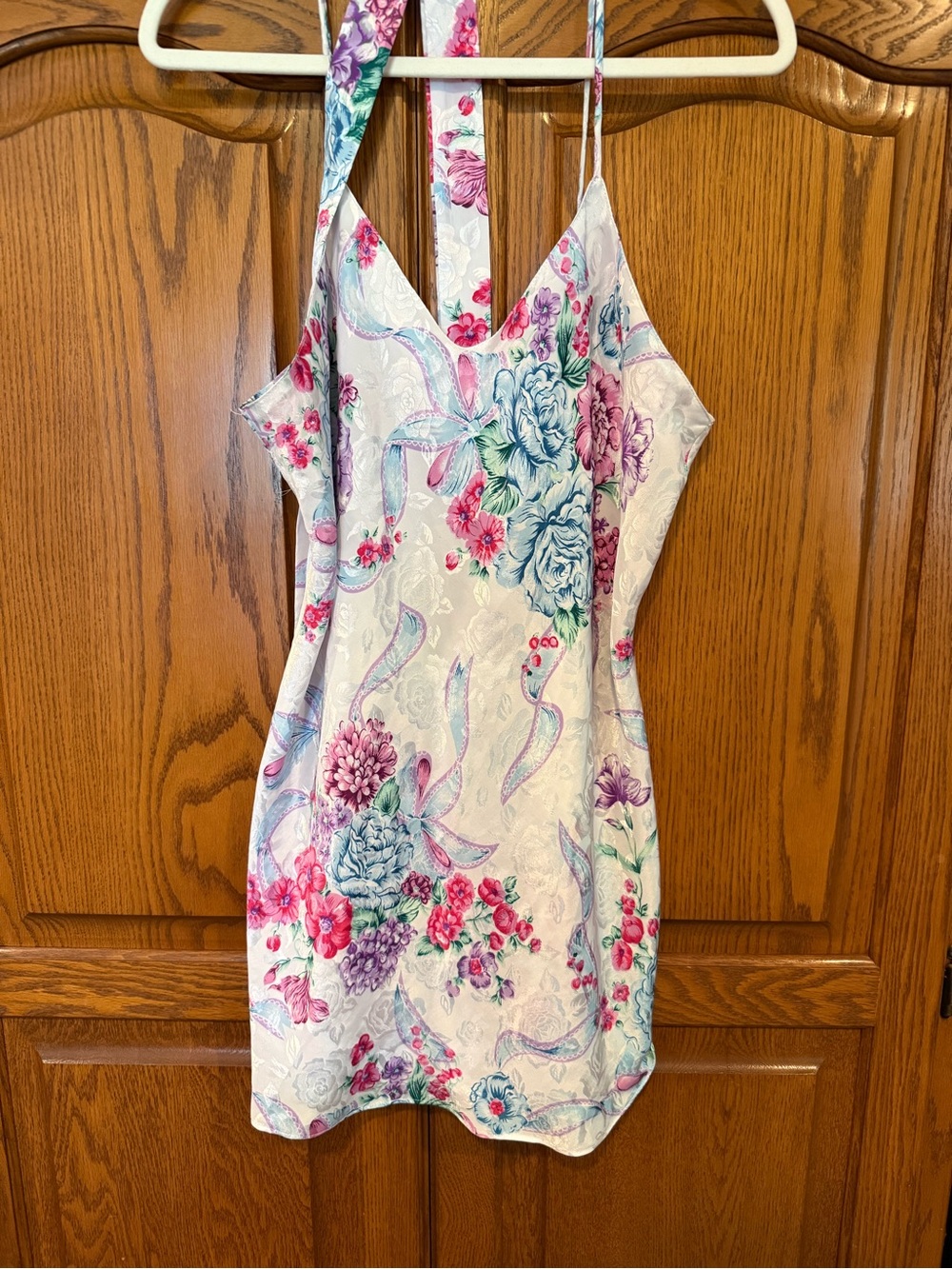 Floral Lace-Effect Slip Dress in White with Pink & Blue Flowers